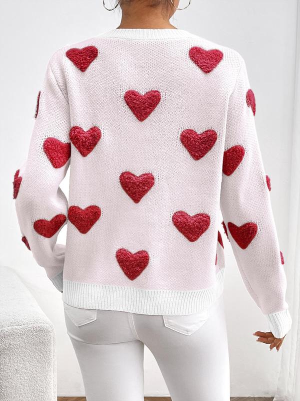 Women's Minimalist Heart Print Drop Shoulder Crewneck Sweater Tops, Basic Casual Long Sleeve Round Neck Knitting Jumper for Fall & Winter, Womenswear, Going Out Tops