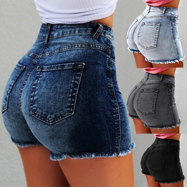 Women's Jeans Stretch Shorts Stretch Tassel Hole High Waist Hot Pants Women's Cow