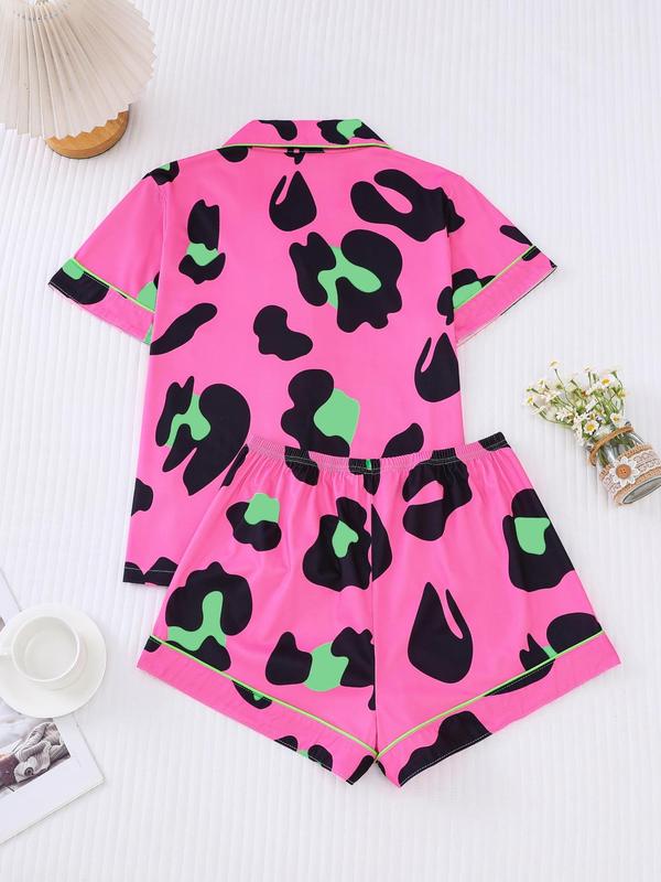 Two-Piece Set Women's All Over Leopard Print Contrast Binding Lapel Shirt & Shorts Pyjama, Casual Comfy Short Sleeve Pocket Top & Shorts PJ Set, Ladies Sleepwear for All Seasons