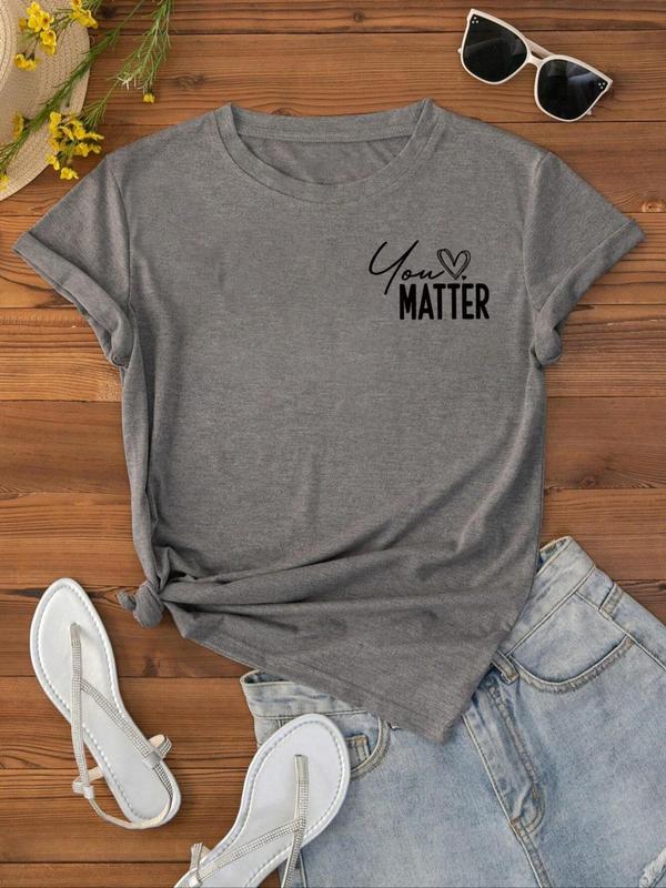 Women's Letter & Heart Print Half Sleeve Tee, Casual Drop Shoulder Round Neck T-shirt for Daily Wear, Back-to-School Clothing, Ladies All Seasons Outfits, Graphic Tees, Women's Tops