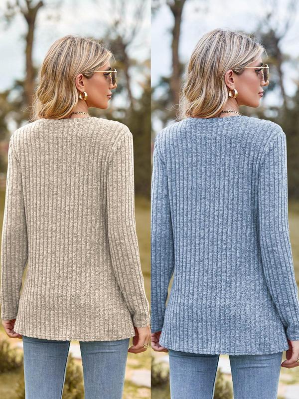 Women's Plain Ribbed Long Sleeve Sweater Pullover, Casual Round Neck T-shirt for Spring & Fall, Women's Knitwear for Daily Wear