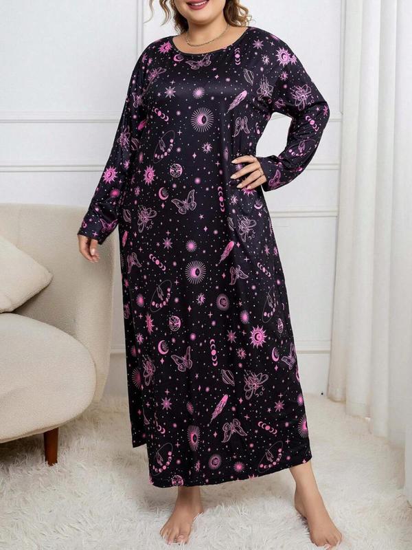  Galaxy Print Drop Shoulder Nightdress, Casual Long Sleeve Round Neck Nightgown for Women, Women's Sleepwear for Spring & Fall