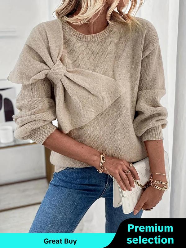 Women's Plain Big Bow Decor Drop Shoulder Sweater Pullover, Elegant Fashion Casual Long Sleeve Jumper for Daily Outdoor Wear, Sweaters for Women, Women Knitwear for Fall & Winter