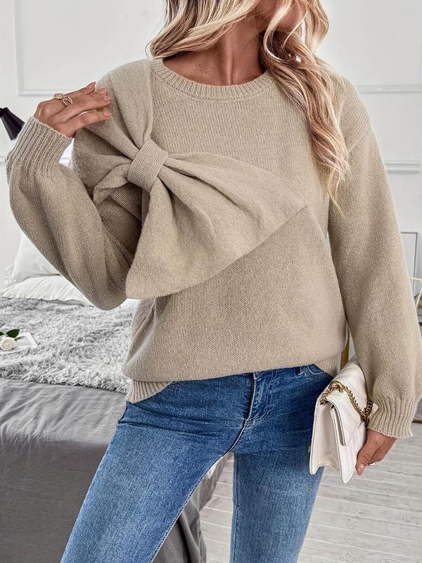 Women's Plain Big Bow Decor Drop Shoulder Sweater Pullover, Elegant Fashion Casual Long Sleeve Jumper for Daily Outdoor Wear, Sweaters for Women, Women Knitwear for Fall & Winter