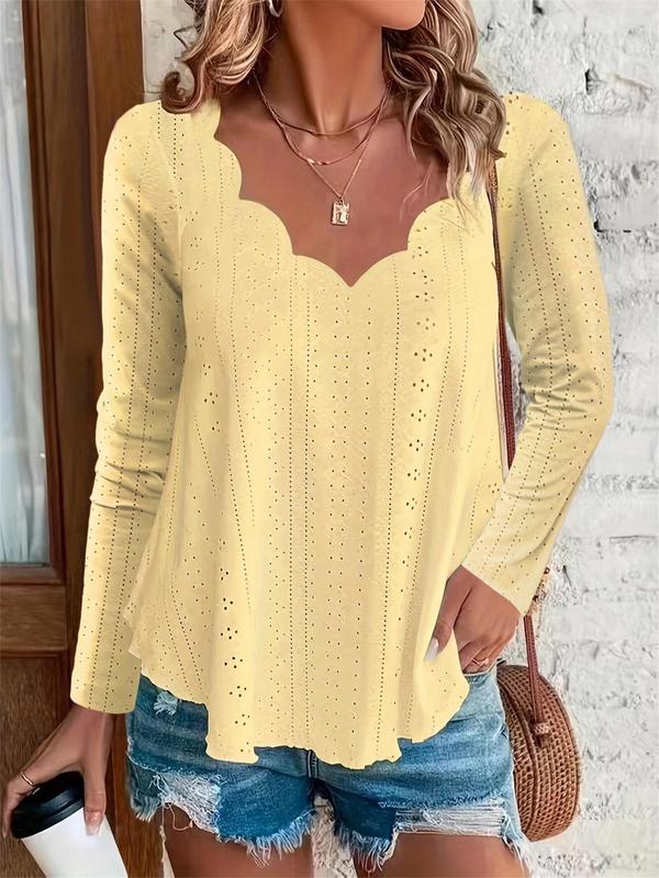 Plus Size Solid Color Eyelet Embroidery Scallop Trim V Neck Tee, Elegant Long Sleeve T-Shirt for Spring & Fall, Women's Plus Clothing for Daily Wear, Fall Outfits, Fallfreshness Clothes