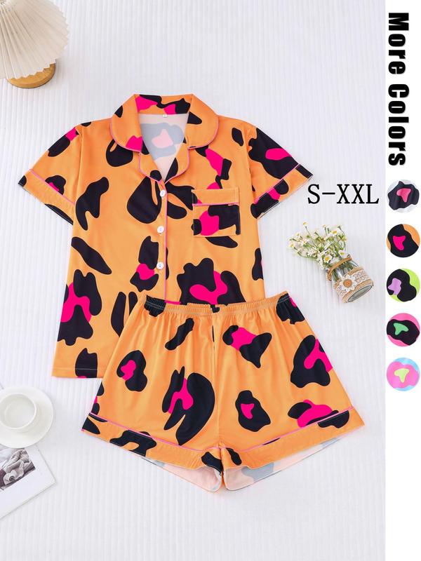 Two-Piece Set Women's All Over Leopard Print Contrast Binding Lapel Shirt & Shorts Pyjama, Casual Comfy Short Sleeve Pocket Top & Shorts PJ Set, Ladies Sleepwear for All Seasons