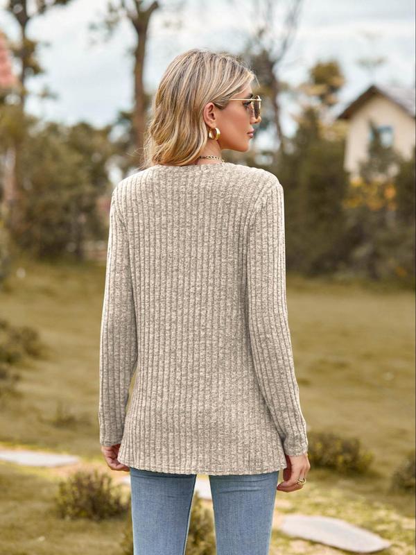 Women's Plain Ribbed Long Sleeve Sweater Pullover, Casual Round Neck T-shirt for Spring & Fall, Women's Knitwear for Daily Wear