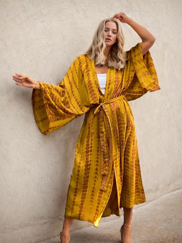 Women's Tie Dye Print Belted Kimono, Casual Long Sleeve Open Front Outerwear for Summer,  Cardigan for Women, Fashion Women's Clothing for Daily Wear, Summer Outfits 2024, Women's Tops