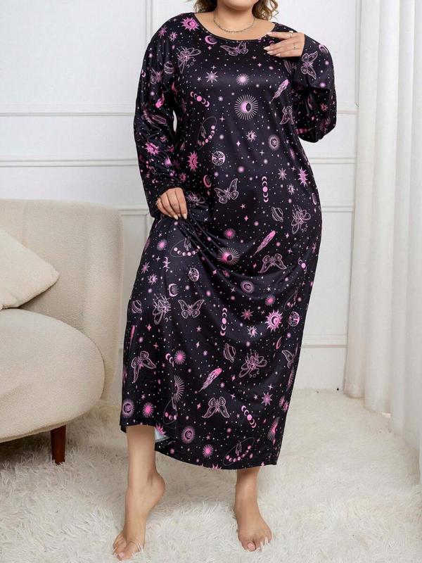  Galaxy Print Drop Shoulder Nightdress, Casual Long Sleeve Round Neck Nightgown for Women, Women's Sleepwear for Spring & Fall