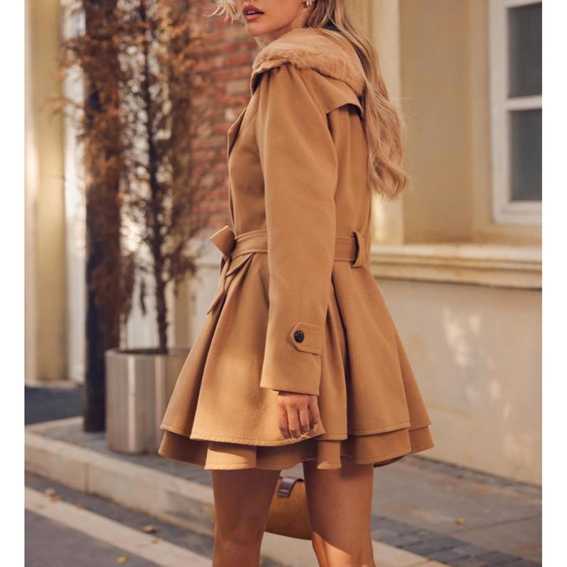 Women's Faux Fur Jacket Mid-length Tweed Jacket Double-breasted Thickened Coat Hair Collar Trench Coat Lapel Fur Jacket Women's Fashion Trench Coat Jacket