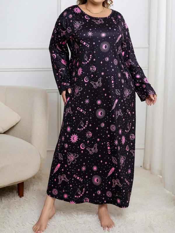  Galaxy Print Drop Shoulder Nightdress, Casual Long Sleeve Round Neck Nightgown for Women, Women's Sleepwear for Spring & Fall