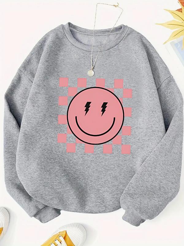 Women's Smile Face Print Drop Shoulder Sweatshirt, 2024 New Style Casual Long Sleeve Round Neck Pullover for Fall & Winter, Women's Clothes for Daily Wear