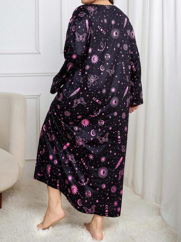  Galaxy Print Drop Shoulder Nightdress, Casual Long Sleeve Round Neck Nightgown for Women, Women's Sleepwear for Spring & Fall