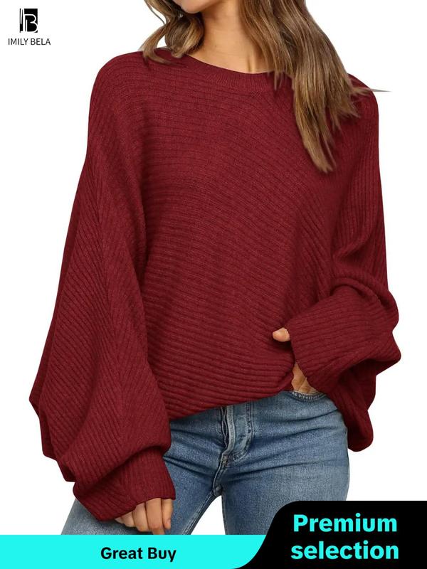 Women's Solid Round Neck Long Sleeve Knitting Jumper, Crewneck Batwing Sleeve Pullover Sweater, Fall Sweater for Women, Lady's Comfort Casual Knitwear Top for Christmas, Fall Outfits, Earthtone Fallfreshness, Halloween, Halloween Costume