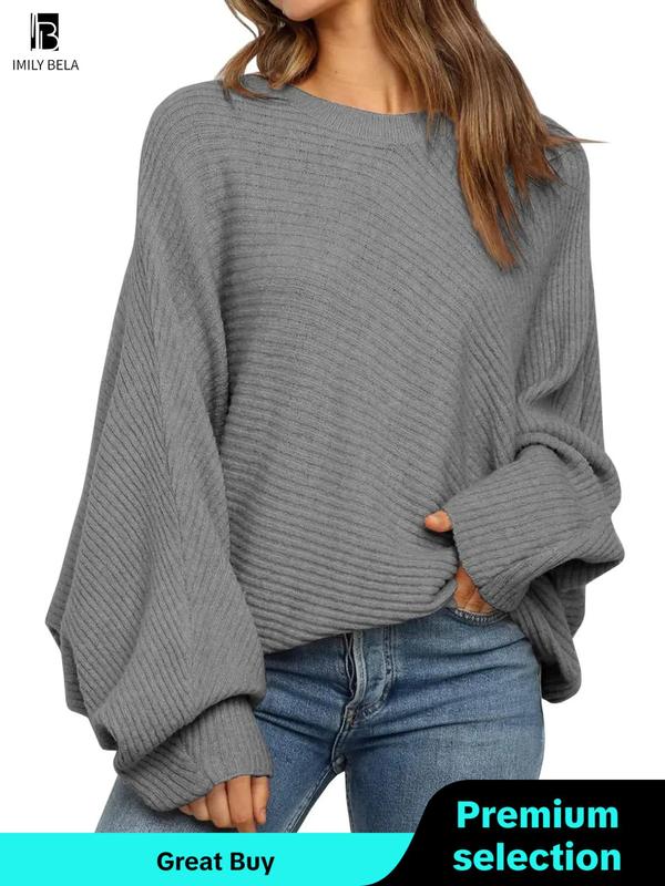 Women's Solid Round Neck Long Sleeve Knitting Jumper, Crewneck Batwing Sleeve Pullover Sweater, Fall Sweater for Women, Lady's Comfort Casual Knitwear Top for Christmas, Fall Outfits, Earthtone Fallfreshness, Halloween, Halloween Costume