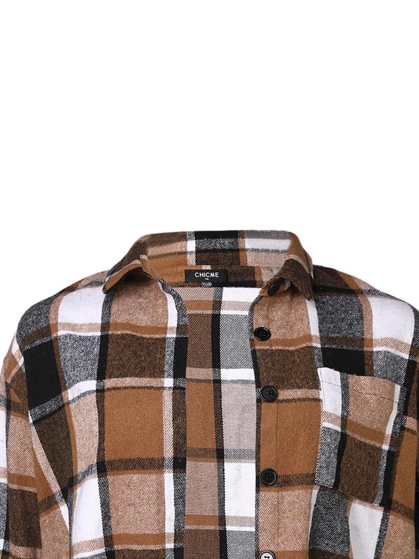  Tartan Print Button Front Drop Shoulder Jacket, Casual Long Sleeve Collared Pocket Outerwear for Fall & Winter, Women's Clothes for Daily Wear