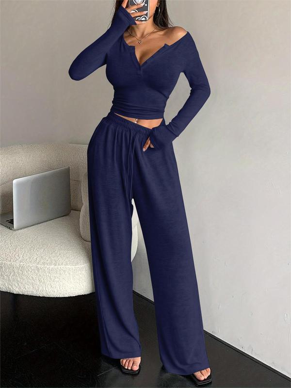 Women's Solid Button Front Long Sleeve Tee & Wide Leg Drawstring Waist Two-piece Set, Casual Fashion Cozy Two Piece Outfits for Daily Outdoor Wear, Women Clothes for All Seasons