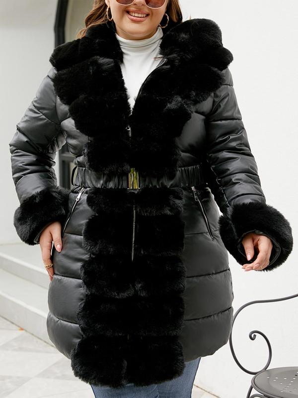  Contrast Faux Fur Trim Belted Hooded Quilted Jacket, Casual Long Sleeve Zip Up Outerwear for Fall & Winter, Winter Clothes Women, Women's Clothes for Daily Wear, Coats for Winter Women 2024