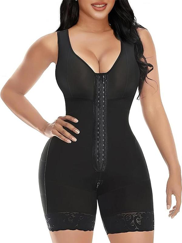 Women's Solid Contrast Lace Zipper Closure Crotch Shapewear Romper, Adjustable Hook & Eye Closure Tummy Control Butt Lifter Tummy Shaper Bodysuit, Ladies Shapewear for All Seasons