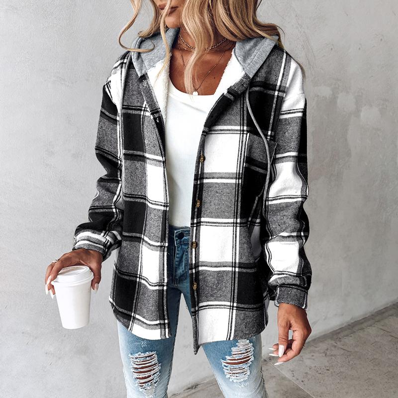 ChicMe Women's Plaid Pattern Long Sleeve Shacket Button Down Fleece Lined Hooded Jackets Warm Coat Casual Womenswear Comfort Outdoor Soft Winter Tops pink  shirt lady Plus Size Plaid Button-Up Shirt Women's Double Button Lapel Coat