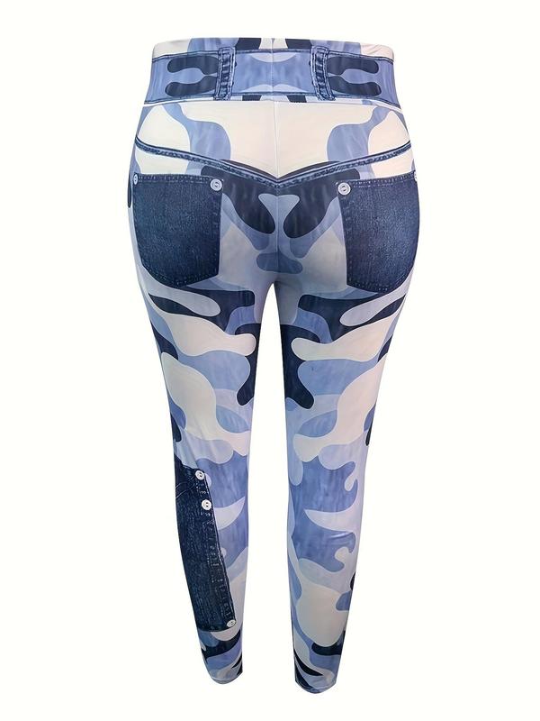 Plus Size Camo Print High Waist Fake Jeans Leggings for Spring, Lady Streetwear Casual Comfy Skinny Pants for Women, Women's Comfort Bottoms for Spring, Womenswear