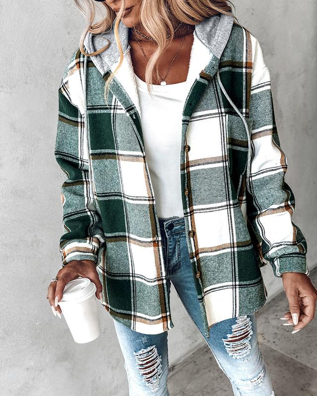 ChicMe Women's Plaid Pattern Long Sleeve Shacket Button Down Fleece Lined Hooded Jackets Warm Coat Casual Womenswear Comfort Outdoor Soft Winter Tops pink  shirt lady Plus Size Plaid Button-Up Shirt Women's Double Button Lapel Coat