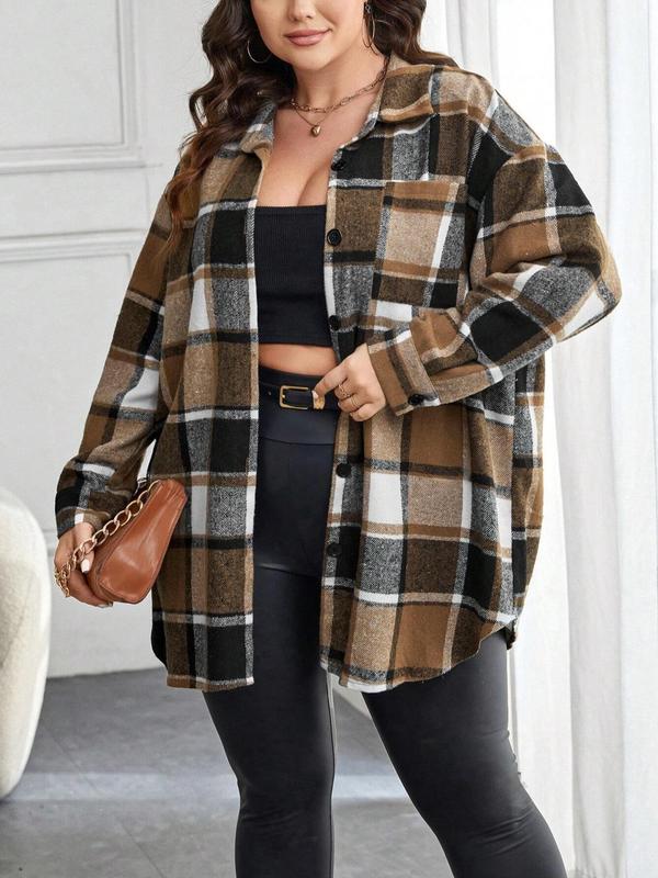  Tartan Print Button Front Drop Shoulder Jacket, Casual Long Sleeve Collared Pocket Outerwear for Fall & Winter, Women's Clothes for Daily Wear