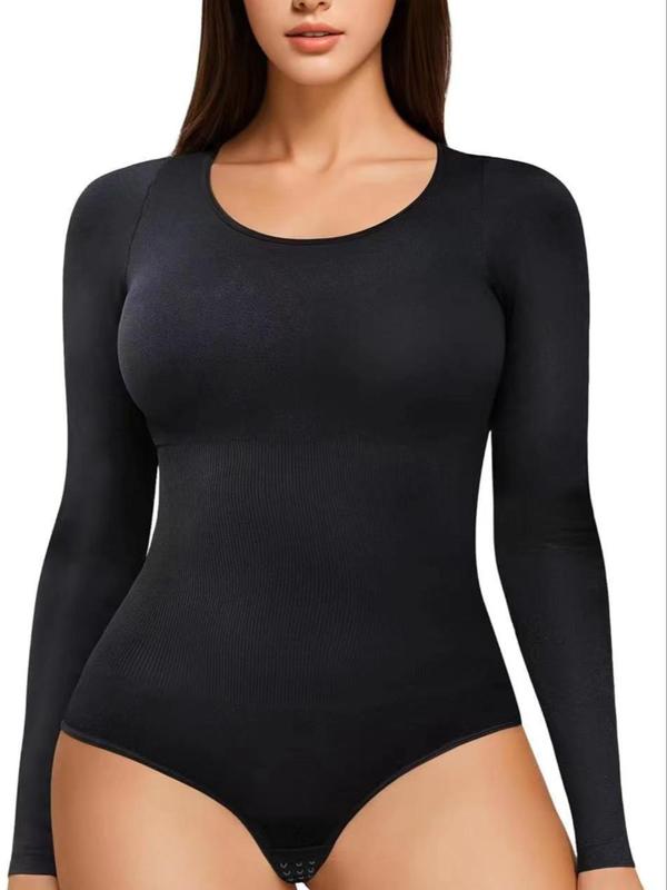  Women's Solid Long Sleeve Scoop Neck Shapewear Bodysuit, Casual Seamless Bodycon Shaperwear Romper for Daily Wear, Tight-fitting Ladies Clothes for All Seasons