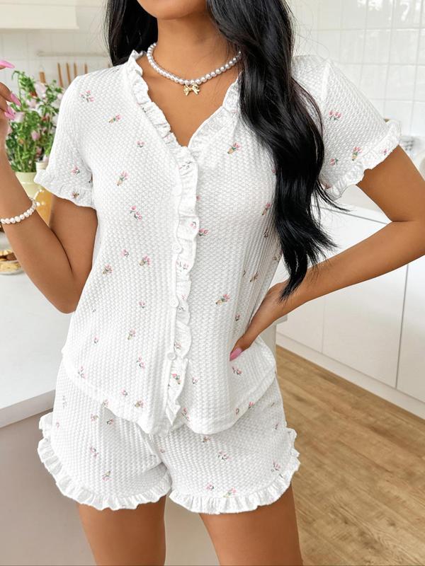 Two-piece Set Women's Ditsy Floral Print Frill Button Front Blouse & Shorts Pyjama Set, Summer Wear 2024, Cute Flounce Sleeve V Neck Top & Shorts Pj Set, Soft Comfy Sleepwear Set for Women Birthday Gifts