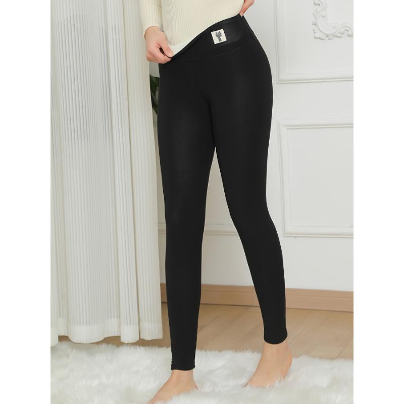 For Fall & Winter, Solid Skinny Fleece Leggings, Casual Thermal Stretchy Leggings, Women's Clothing