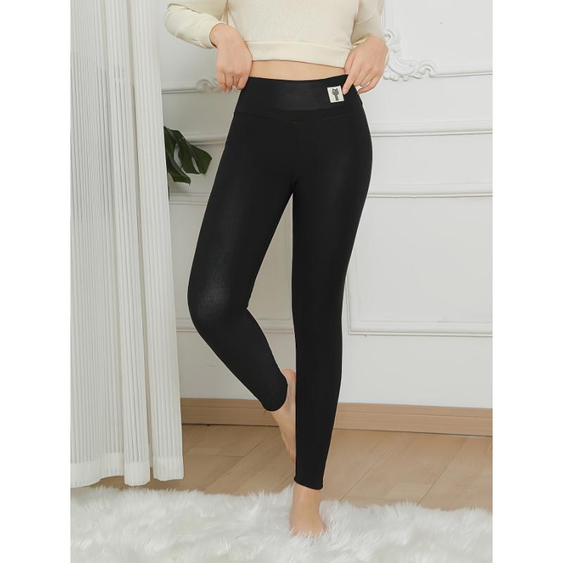 For Fall & Winter, Solid Skinny Fleece Leggings, Casual Thermal Stretchy Leggings, Women's Clothing