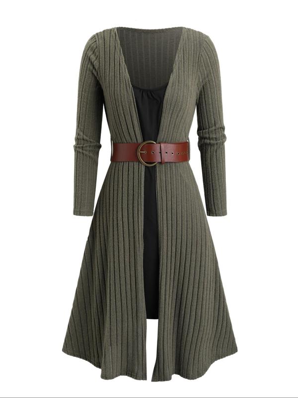  Colorblock Ribbed 2 in 1 Belted Dress, Casual Long Sleeve Dress for Fall & Winter, Holiday Dress, Women's Clothes for Daily Wear