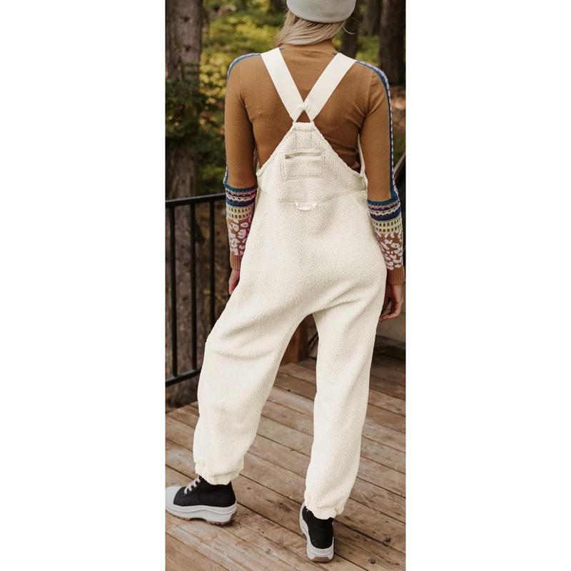 Fisoew Women's Fleece Warm Overalls Winter Loose Casual Jumpsuits with Pockets