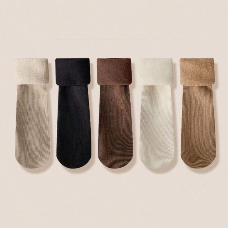 5pairs Women's Solid Color Thickened Fleece Lined Winter Snow Socks For Warm Keeping