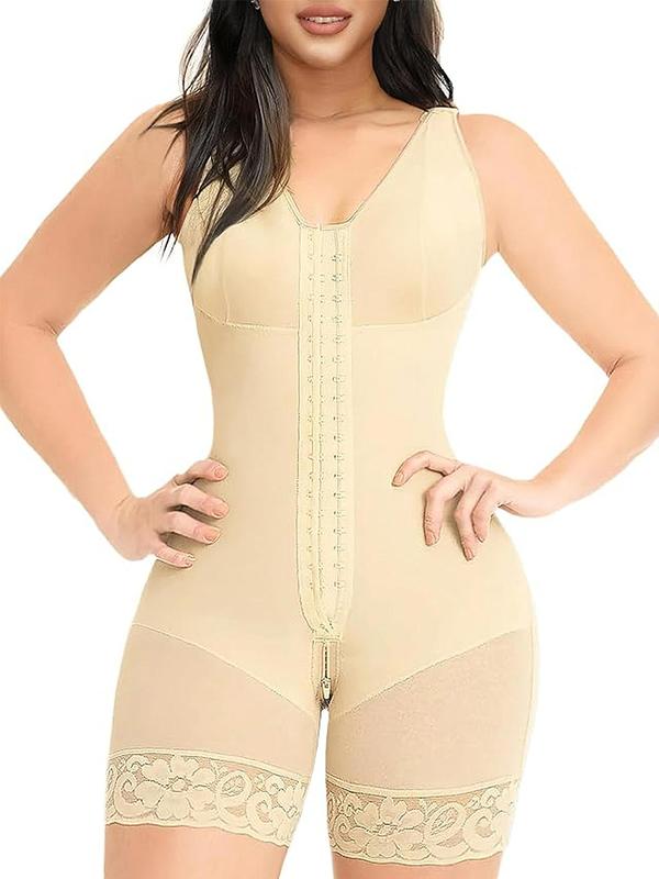 Women's Solid Contrast Lace Zipper Closure Crotch Shapewear Romper, Adjustable Hook & Eye Closure Tummy Control Butt Lifter Tummy Shaper Bodysuit, Ladies Shapewear for All Seasons