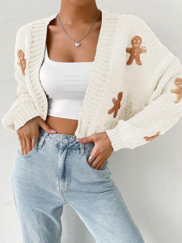 Women's Christmas Themed Gingerbread Embroidery Drop Shoulder Crop Cardigan, Casual Long Sleeve Open Front Knitwear for Fall & Winter, Women's Knit Clothing for Daily Wear