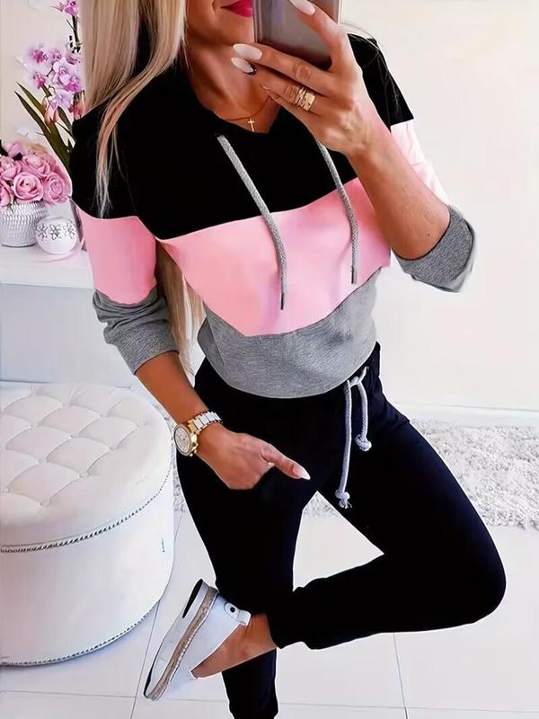 Two-Piece Set Women's Colorblock Patchwork Hoodie & Drawstring Waist Pocket Sweatpants, Fall Outfits, Fallfreshness Casual Long Sleeve Hooded Sweatshirt & Pants, Lady Fall & Winter Clothes