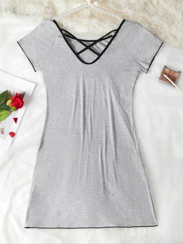 Women's Solid Criss Cross Raglan Sleeve Nightdress, Casual Comfy Round Neck Short Sleeve Nightgown for Daily Wear, Ladies Sleepwear for All Seasons