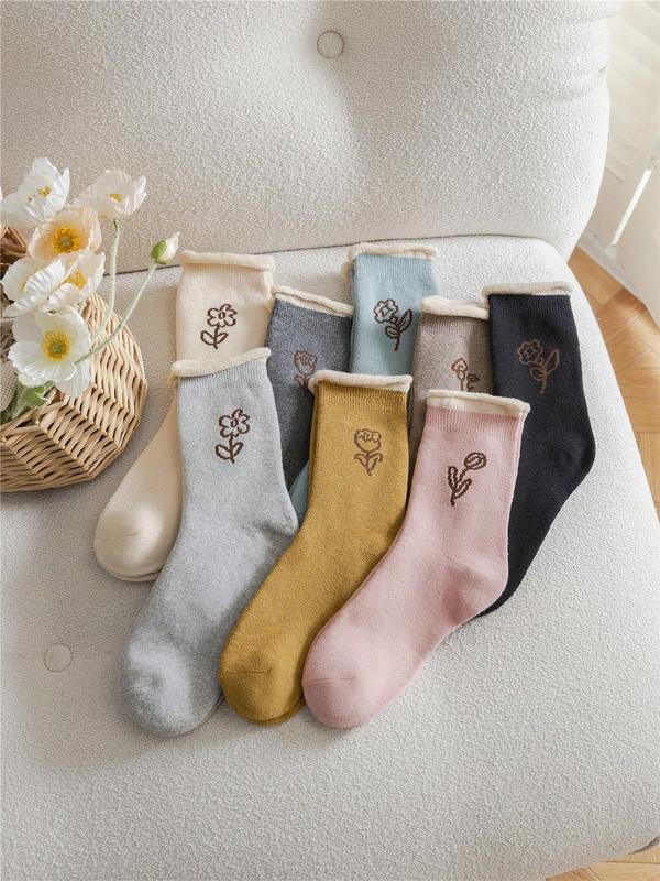 Women's 8 Pairs Floral Print Crew Socks, Fashionable Cozy Breathable Mid-calf Socks for Fall & Winter, Women's Socks for Daily Wear