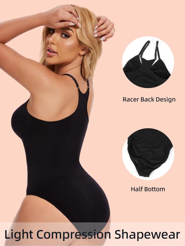 Women's Solid V Neck Shapewear Bodysuit, Casual Tummy Control Racerback Bodysuit, Women Shapewear for Daily Wear