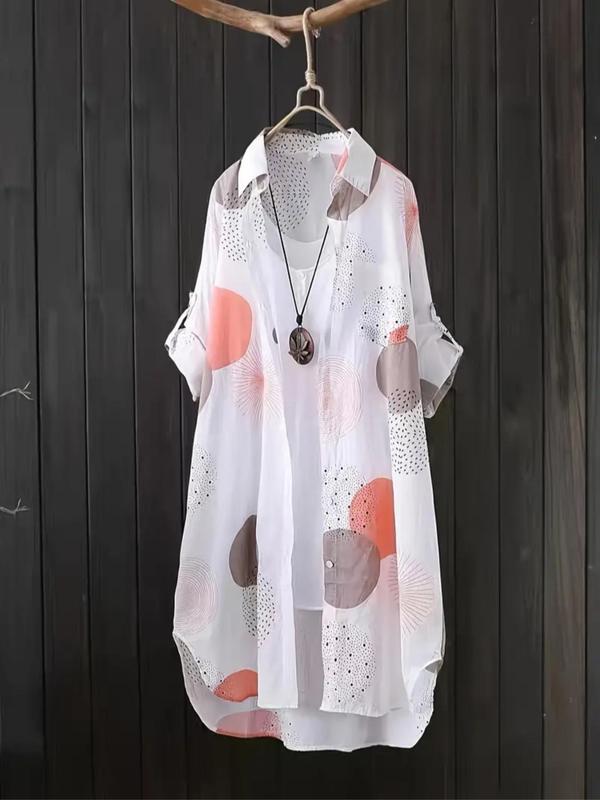 Women's All Over Print Asymmetric Hem Roll Up Sleeve Shirt without Tee & Necklace, Shirts for Women, Casual High Low Long Sleeve Button Front Top for Summer, Back To School Outfits, Ladies Clothes for Daily Wear