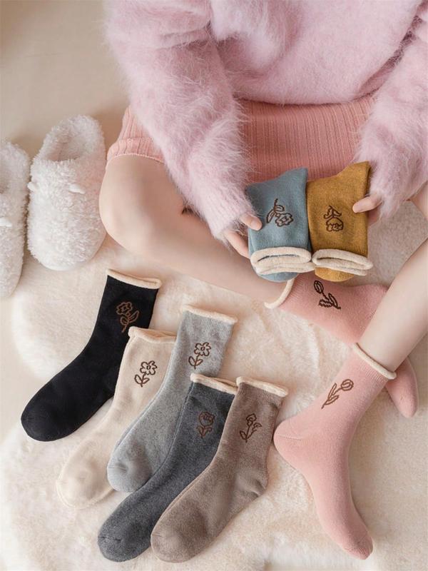 Women's 8 Pairs Floral Print Crew Socks, Fashionable Cozy Breathable Mid-calf Socks for Fall & Winter, Women's Socks for Daily Wear