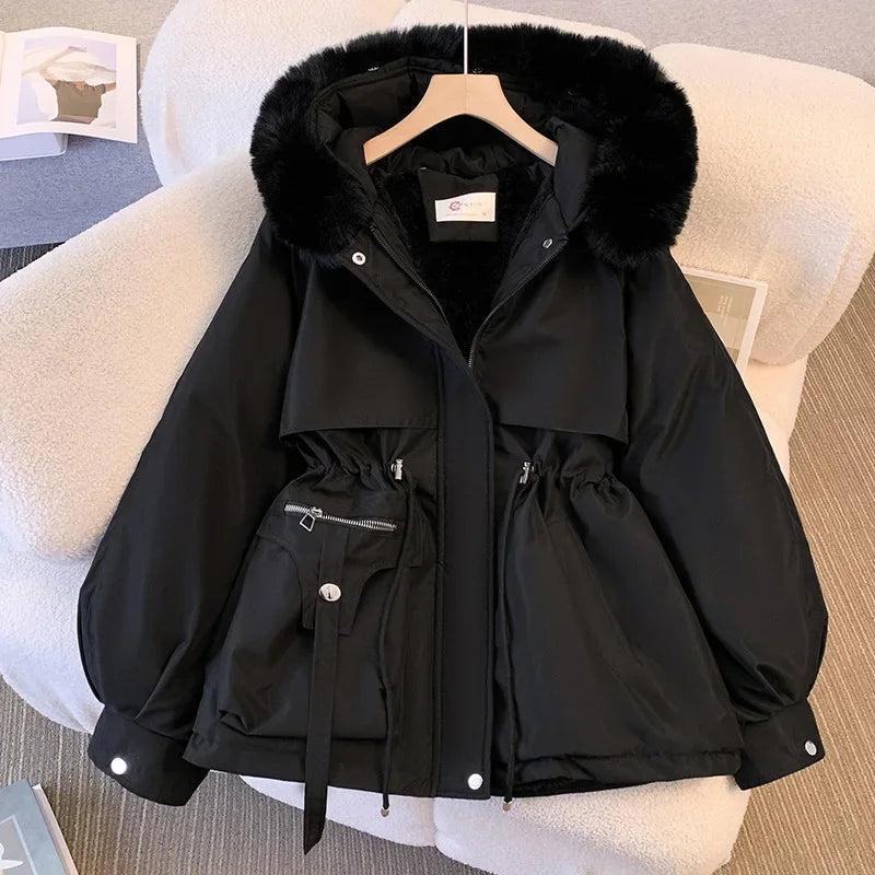 Women's Medium-length Waist-fitted SlimmingHooded Cotton-padded Jacket Warm FleeceLining Korean Style Autumn winter Coat