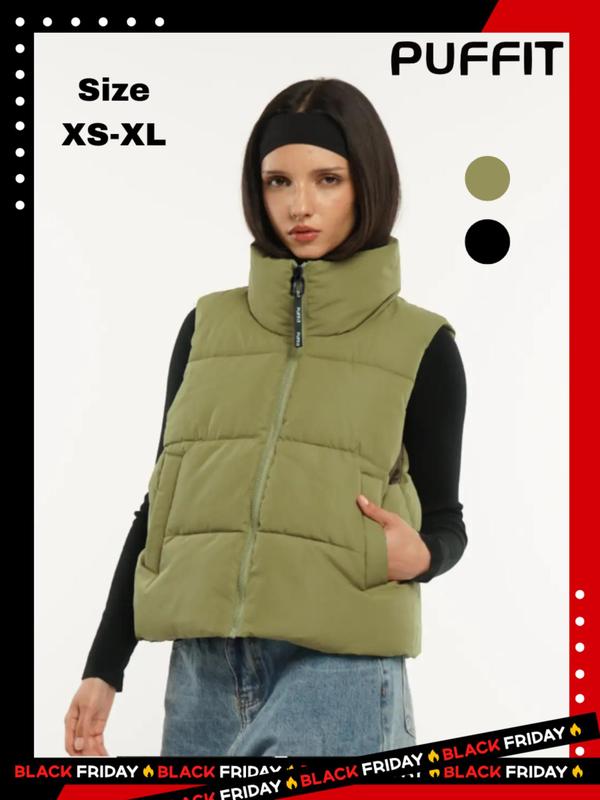 Women's Solid Zip Up Warm Puffer Vest Gilet, Casual Sleeveless High Neck Outerwear for Fall & Winter Daily Wear