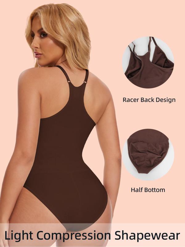 Women's Solid V Neck Shapewear Bodysuit, Casual Tummy Control Racerback Bodysuit, Women Shapewear for Daily Wear