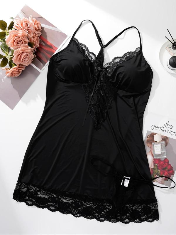 Plus Size Bow Front Contrast Lace Nightdress & Sheer Thong Set, Scallop Trim Sleeveless Nighty Dress & Panty, Women's Plus Sleepwear & Loungewear Set for All Seasons