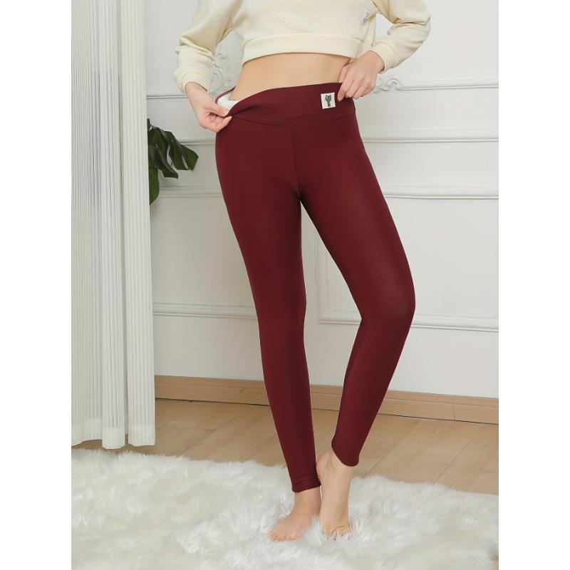 For Fall & Winter, Solid Skinny Fleece Leggings, Casual Thermal Stretchy Leggings, Women's Clothing