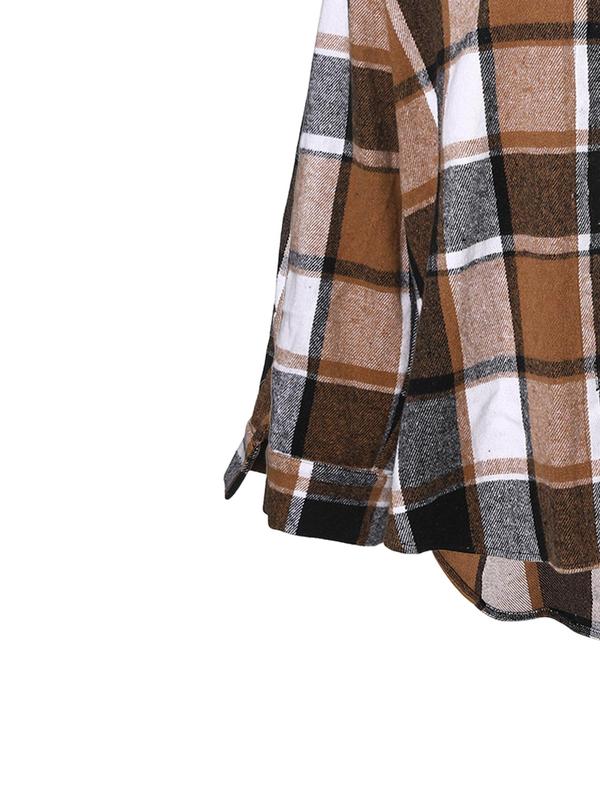  Tartan Print Button Front Drop Shoulder Jacket, Casual Long Sleeve Collared Pocket Outerwear for Fall & Winter, Women's Clothes for Daily Wear