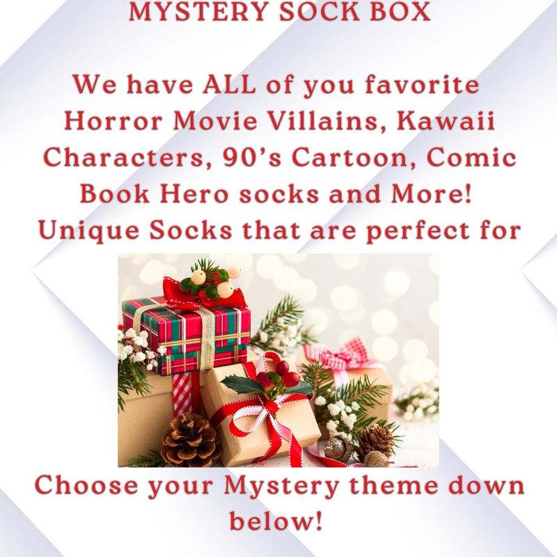 Unisex Mystery Novelty Sock Box! Ankle and Mid Calf socks Unique stocking stuffers, 90’s Cartoons, Horror Villains, Kawaii socks and more.,