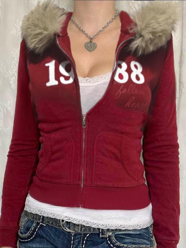 Women's Figure Print Contrast Faux Fur Hooded Jacket, Y2K Casual Long Sleeve Pocket Zipper Outerwear for Fall & Winter, Winter Clothes Women, Ladies Clothes for Daily Wear